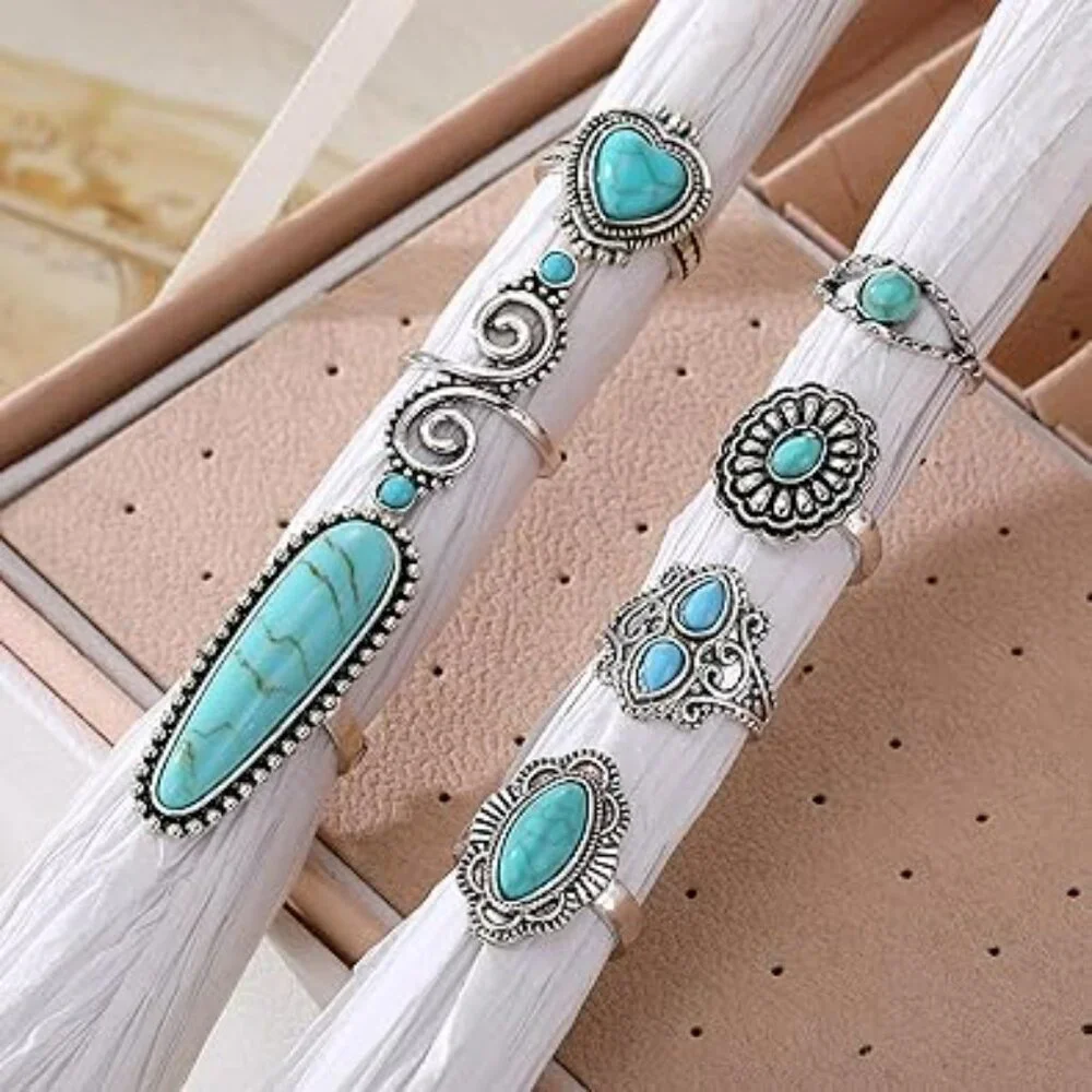 7 pc Set for Women Silver Rings Women‎ Turquoise Boho Jewelry